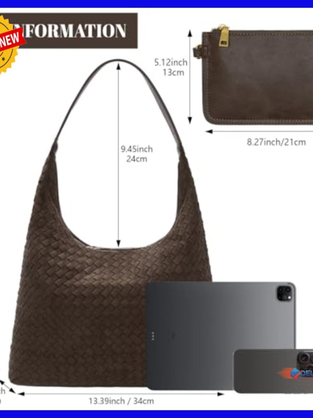 Woven Suede Hobo Tote Bag with Zippered Compartments for Work Travel - Picture 4 of 7